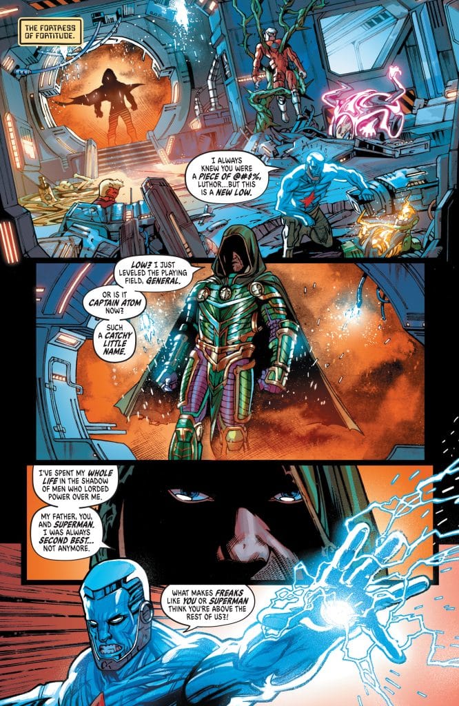 A dynamic comic book scene depicting a confrontation in a futuristic setting, featuring characters in vibrant costumes, with one character in a dark cloak facing another in a metallic outfit. Dialogue bubbles express tension and conflict.