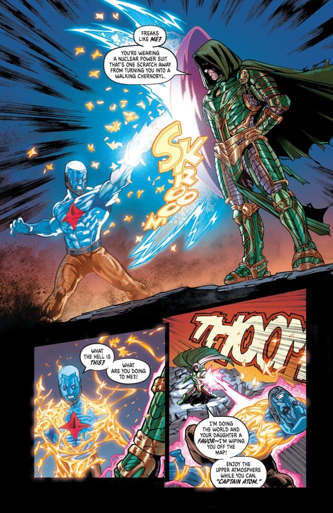 Two comic book characters facing off, one in a nuclear power suit and the other in a green, cloaked outfit. The character in the suit appears to be glowing and is expressing disbelief, while the cloaked character is threatening him. Action lines indicate a blast or attack is occurring.