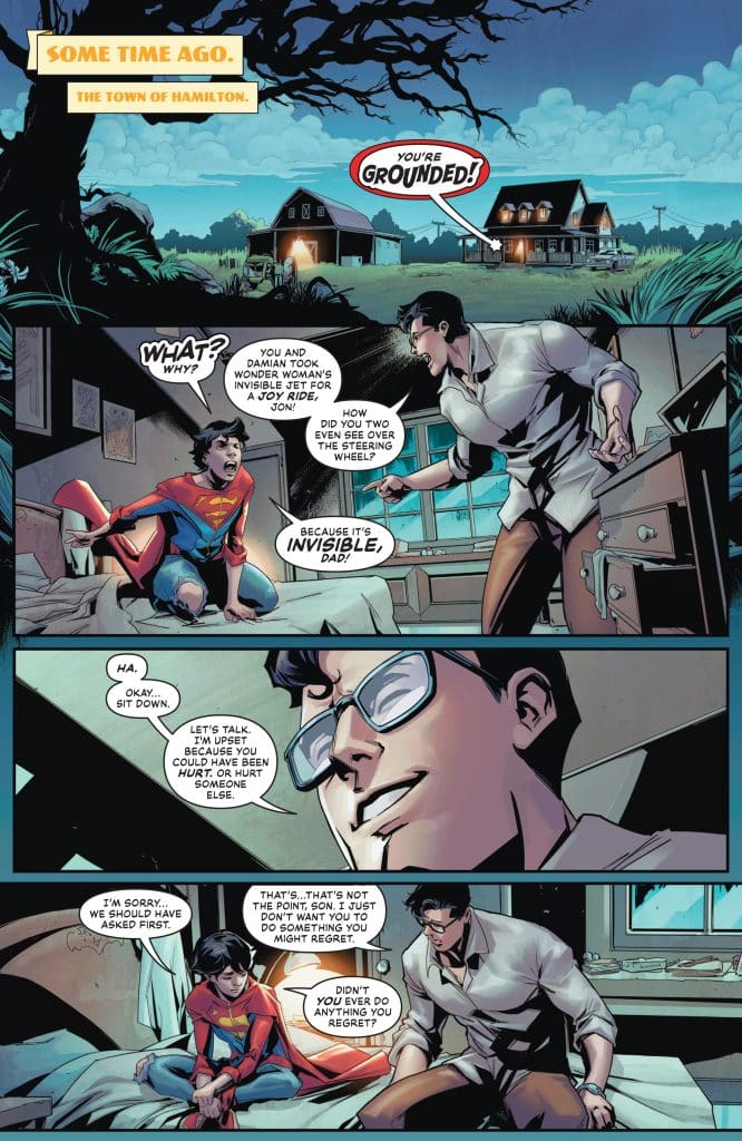 A comic book scene featuring a young boy in a Superman costume sitting on a bed, looking confused and upset. An adult man, wearing glasses and a shirt, is sitting next to him, appearing stern and concerned. The background shows a window with a view of a dark, suburban landscape. The dialogue suggests a discussion about a reckless joyride in an invisible jet.