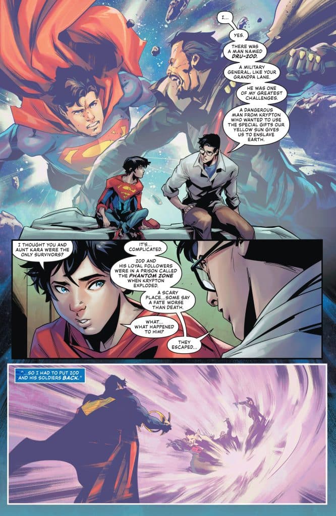 A comic panel featuring superheroes Superman and Superboy engaged in a conversation, with a backdrop of space and dramatic colors. Superman explains a complex history involving General Zod, while Superboy listens intently.
