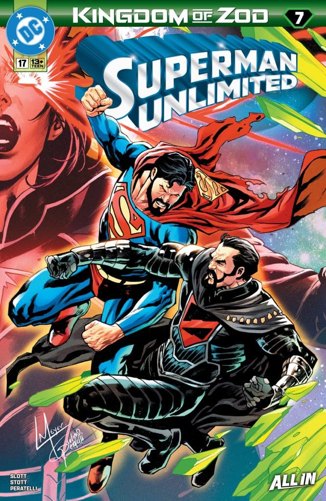 Cover of 'Superman Unlimited' comic featuring Superman and another character in a dynamic battle. The action is vibrant with colorful effects and a dramatic background.