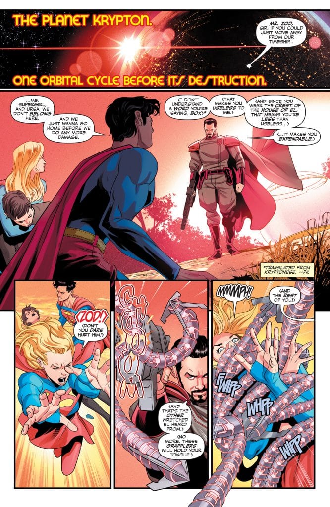 A comic panel depicting the planet Krypton just before its destruction. Characters including Superman, Supergirl, and Zod engage in a tense confrontation, with Zod holding a device that emits grappling tendrils. The background features a cosmic scene with stars and explosions.