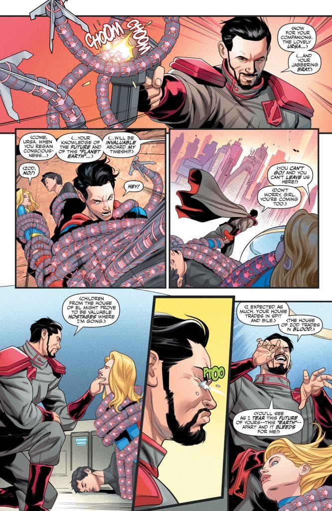 A comic panel featuring a male character with a beard in a futuristic outfit holding a device while facing a female character wrapped in colorful tendrils. The setting includes a city skyline in the background. Dialogue indicates a tense situation involving characters from the House of El.