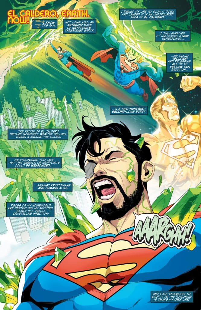 Comic book panel depicting Superman in distress, surrounded by green kryptonite. He is shouting in pain as shards of kryptonite pierce his body, with a futuristic cityscape in the background.