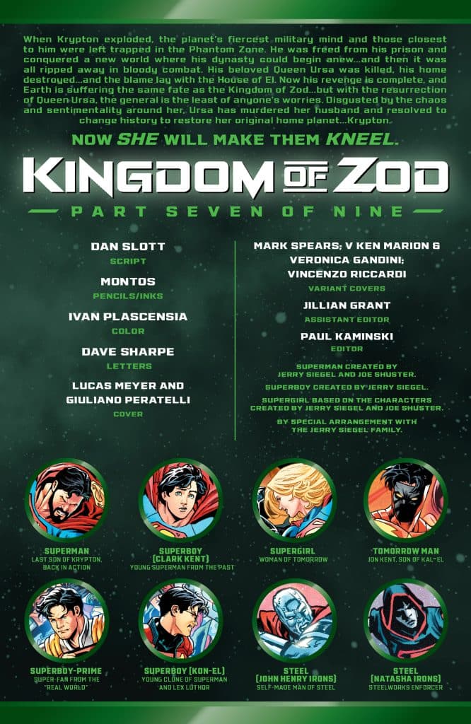 Cover page for 'Kingdom of Zod: Part Seven of Nine', featuring various characters including Superman, Superboy, Supergirl, and Steel against a green background.