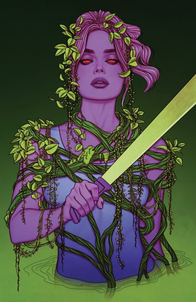 A digital illustration of a woman with purple skin, surrounded by green vines and leaves, holding a large knife. She has a serene yet powerful expression, with striking orange eyes and is partially submerged in water.