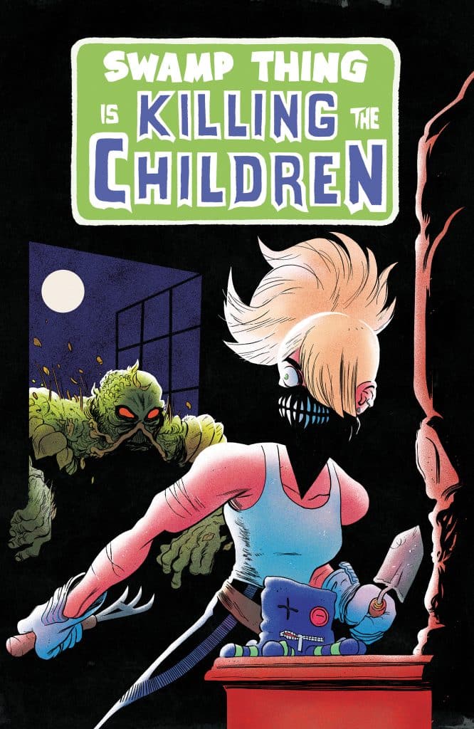 A stylized comic book cover featuring a character with blonde hair and a mask, wielding a knife, while a monstrous creature resembling Swamp Thing lurks in the background. The title reads 'Swamp Thing is Killing the Children.'