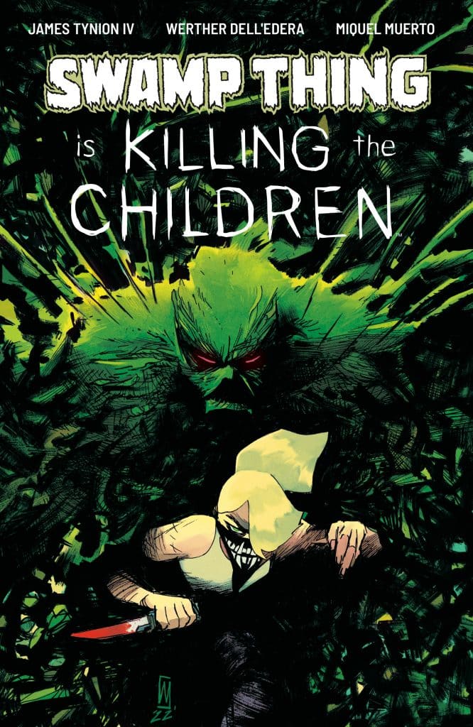 Cover of the comic book 'Swamp Thing is Killing the Children', featuring a character with a knife and a dark, green background, emphasizing a horror theme.