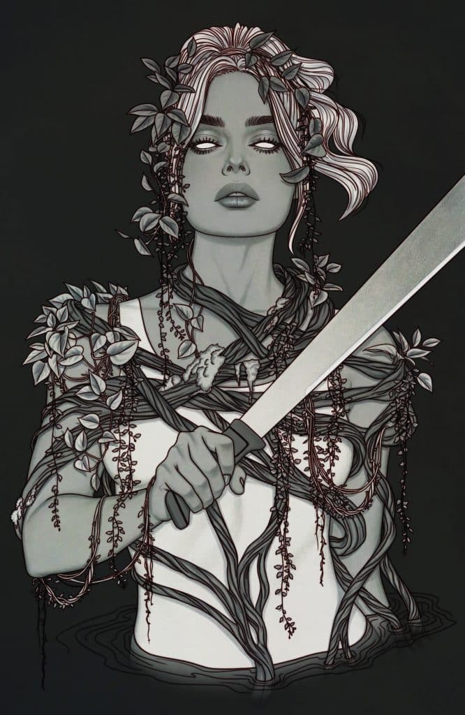A stylized illustration of a woman surrounded by vines and leaves, holding a sword. Her expression is fierce, and she appears partially submerged in dark water.