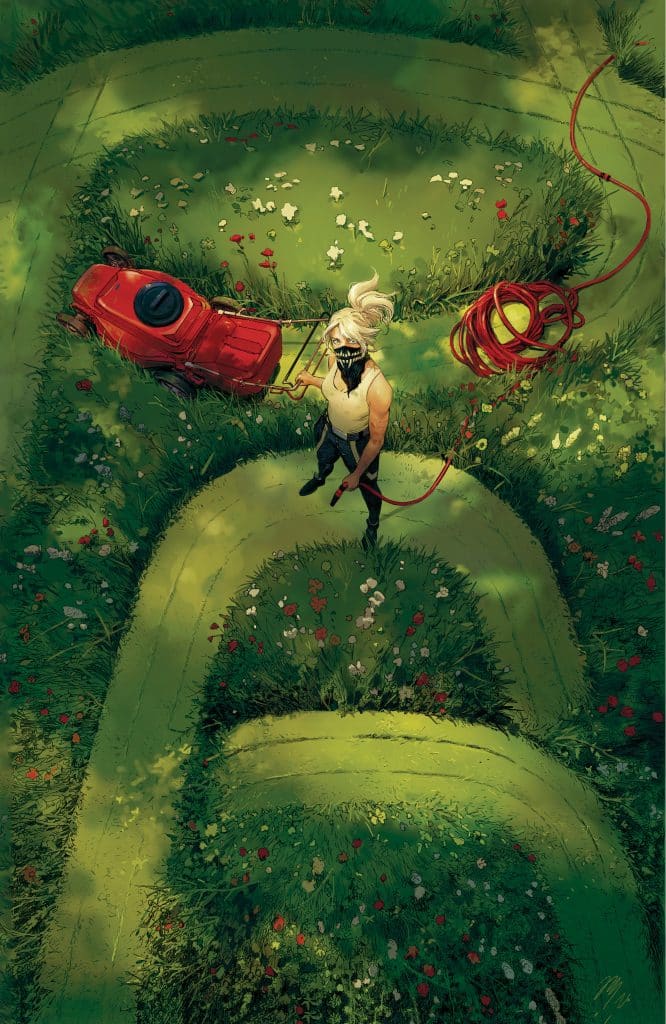 An aerial view of a person with light hair, wearing a black mask and tank top, standing in a green, intricately mowed lawn with circular patterns. They are holding a red lawnmower and a coiled extension cord amidst colorful flower patches.