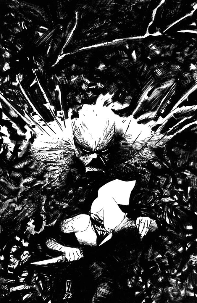 A dramatic black and white illustration featuring a menacing figure looming over a cowering character holding a knife, surrounded by chaotic lines and textures that convey a sense of danger.