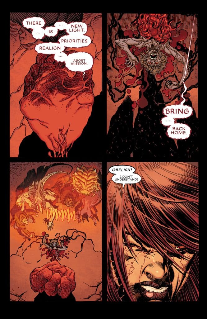 Comic panel depicting a dramatic confrontation between characters with a fierce expression. The left side features a large, organic form, while the right side shows a character shouting in frustration, with speech bubbles conveying a sense of urgency and confusion.
