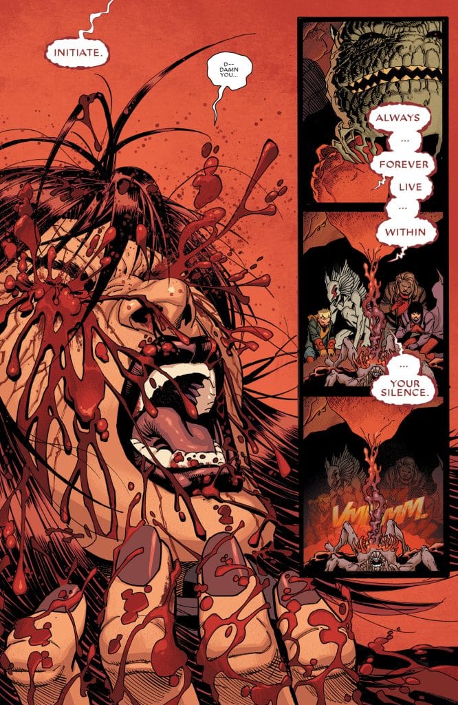 A graphic comic panel depicting a character with a distressed expression, surrounded by splatters of blood. The background is predominantly red, creating a dramatic atmosphere. Text bubbles convey intense emotions and dialogue.