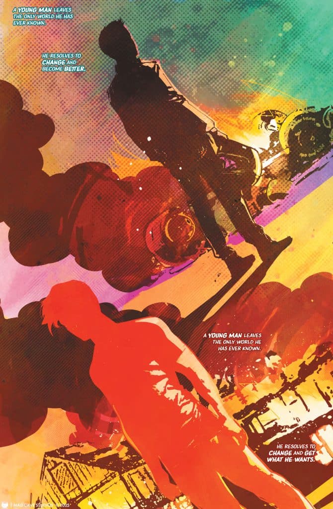 A vibrant comic book illustration featuring a silhouette of a young man leaving a colorful, abstract background. Text overlay highlights his determination to change and seek improvement.