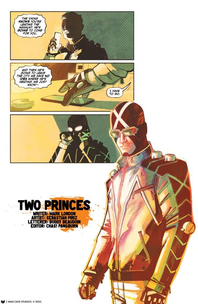 Colorful comic book page featuring two characters in conversation. The first character, holding a phone, appears concerned, while the second character gestures, indicating urgency. The title 'Two Princes' is displayed prominently, along with the names of the writer, artist, letterer, and editor.