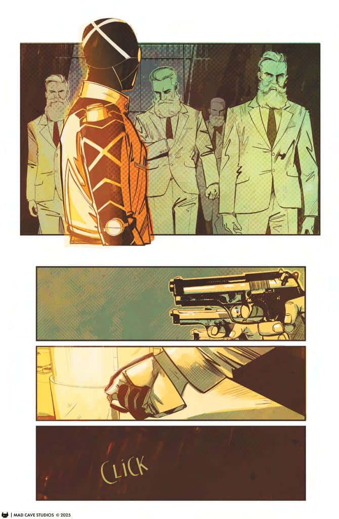 A masked character in a detailed suit faces a group of men in suits with beards, set in a dramatic comic book style.