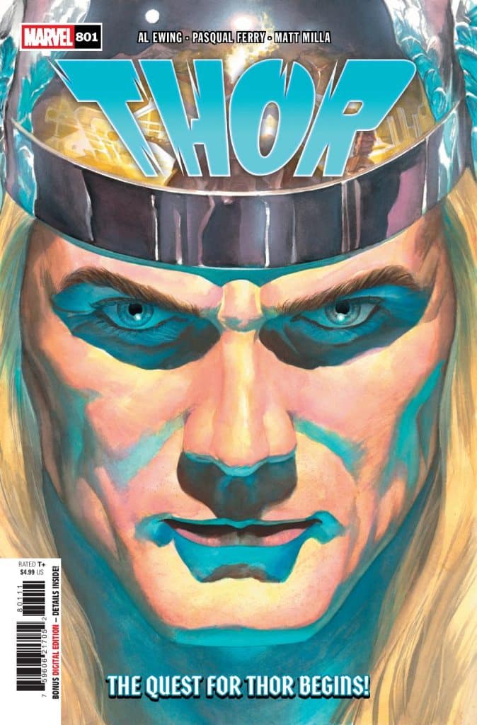 Cover of Marvel's Thor comic issue 801 featuring a close-up of Thor's face with intense eyes and long blonde hair, wearing a silver helmet, accompanied by the text 'THE QUEST FOR THOR BEGINS!'