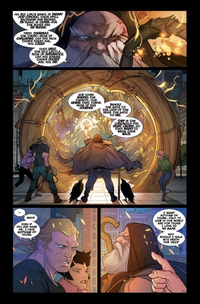 A comic book panel featuring a wizard speaking about a magical portal. The wizard gestures towards the portal while explaining its purpose. Two characters listen intently, one appearing skeptical. The scene is set in a city with a futuristic backdrop.