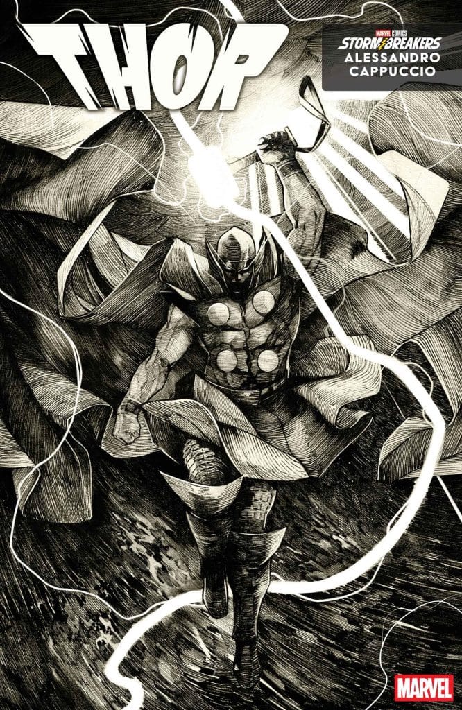 Comic book cover featuring a muscular character with a hammer, surrounded by lightning and dynamic motion, titled 'THORP' by Alessandro Cappuccio.
