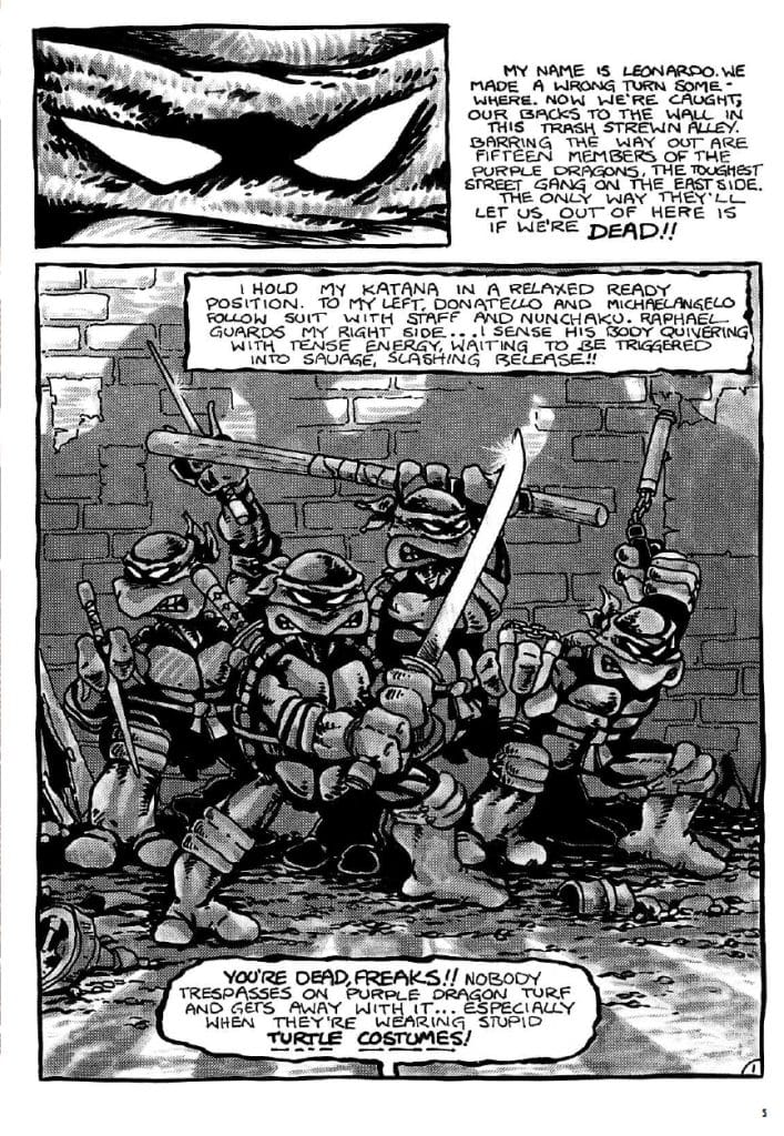 Comic panel featuring Leonardo and his brothers from the Teenage Mutant Ninja Turtles, preparing for a confrontation in a dark alley against the Purple Dragons gang.