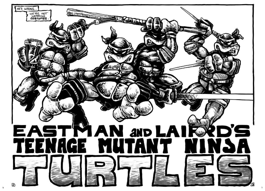Four Teenage Mutant Ninja Turtles in action poses, with comic-style artwork featuring bold black lines and shading. The text at the bottom reads 'EASTMAN and LAIRD's TEENAGE MUTANT NINJA TURTLES'.
