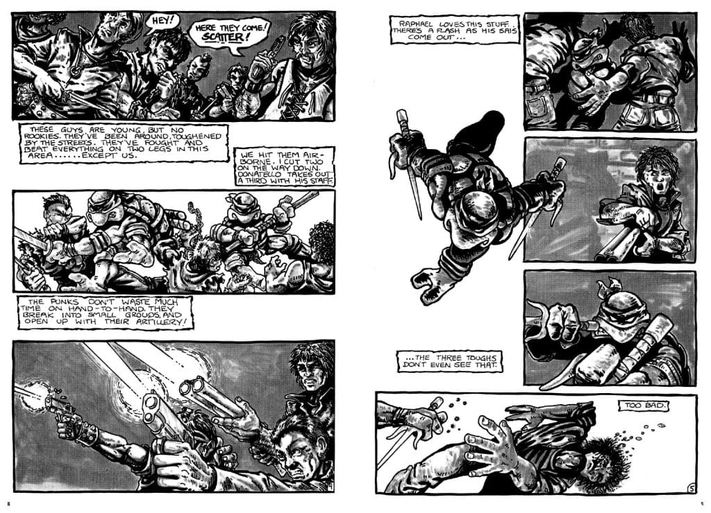 A black and white comic panel depicting a street fight between young fighters and punks, with dynamic action poses and various characters using weapons. Speech bubbles provide context to the scene, showcasing their experience and tactics in battle.