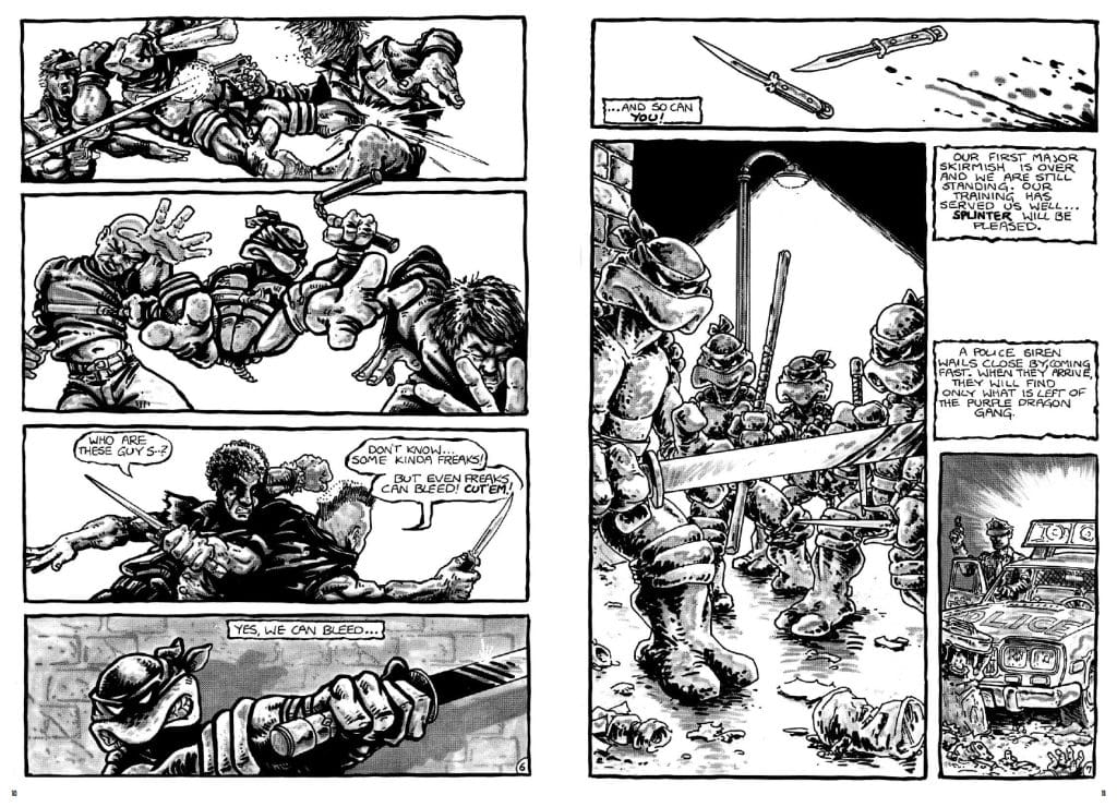 A black and white comic panel depicting a fight scene with anthropomorphic turtles, wielding weapons, against a group of human attackers. The turtles appear determined and resilient amidst chaos, with dialogue reflecting their struggle.