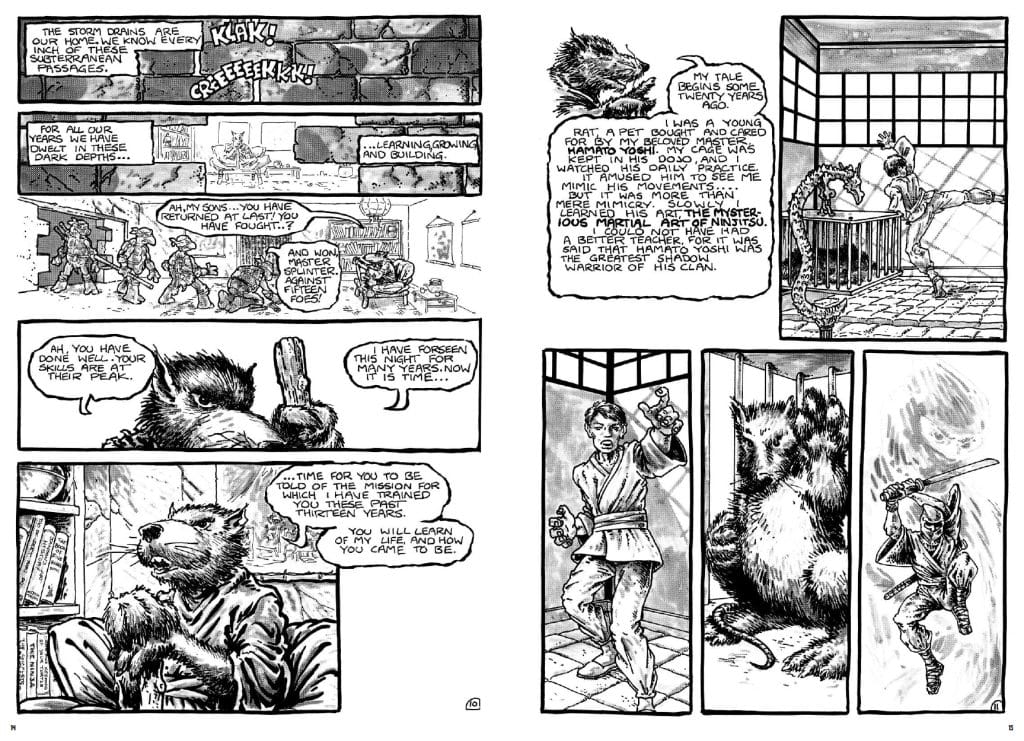 Comic page featuring various panels with anthropomorphic characters, including a rat and a boy, engaged in dialogue about training and missions.