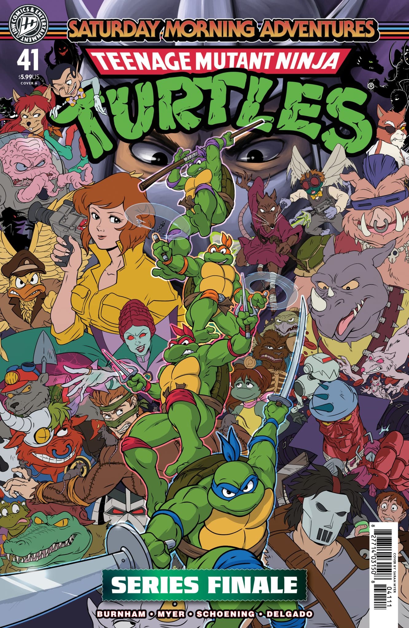 Comic book cover featuring the Teenage Mutant Ninja Turtles alongside various characters, celebrating the series finale. The title 'Teenage Mutant Ninja Turtles' is prominently displayed at the top, with vibrant illustrations of the turtles, villains, and allies in action.