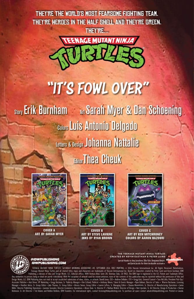 Promotional poster for 'Teenage Mutant Ninja Turtles' featuring the tagline 'It's Fowl Over' along with creator credits and images of three comic book covers.