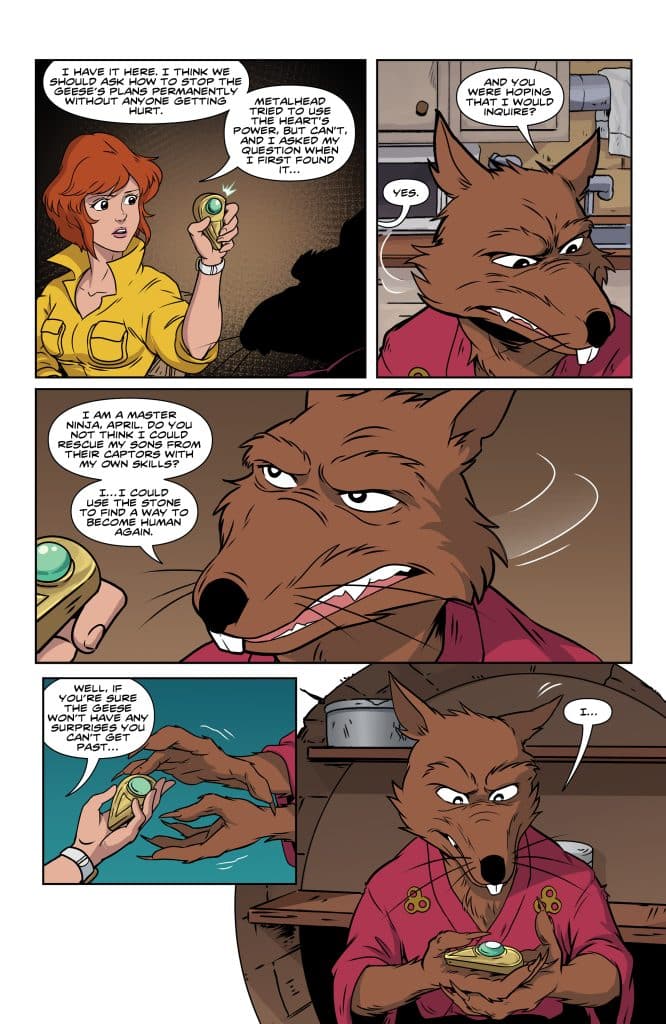 A comic panel featuring a female character with short red hair wearing a yellow jacket, holding a green object while engaging in a conversation with a anthropomorphic fox-like character in a pink robe, who appears serious.