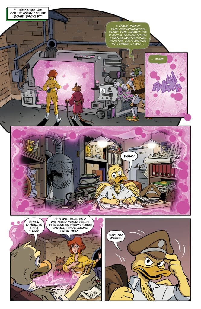 A colorful comic page featuring anthropomorphic characters in a humorous scene. The characters are interacting around a futuristic portal device, with one character activating it and others expressing concern. Dialogue bubbles reveal their urgent need for backup and assistance.