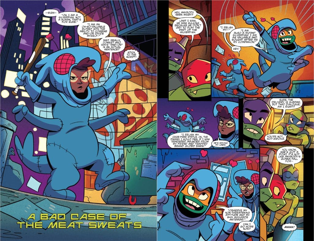 A comic book scene featuring anthropomorphic characters engaging in humorous dialogue. One character is dressed in a blue costume resembling a combination of a human and a creature, while others are colorful mutant turtles. The setting is a city alley with a vibrant urban backdrop.