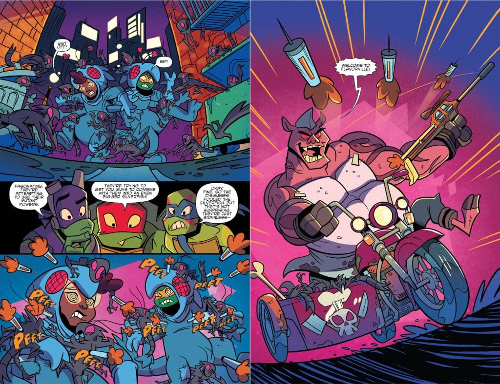 Comic panel featuring four anthropomorphic turtles discussing a comical situation involving creatures with mutated powers, set in a vibrant urban environment.