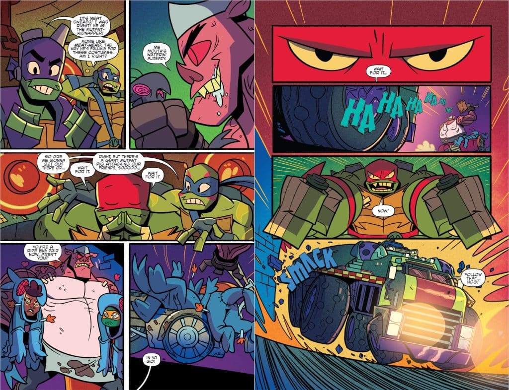 Comic panel featuring four anthropomorphic turtles discussing a giant mutant threat, with humorous dialogue.