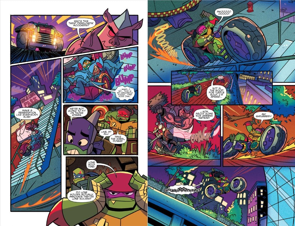 Comic book page featuring anthropomorphic turtles in action, with dialogue bubbles and vibrant colors, depicting a scene of a chase and humorous interactions among characters.