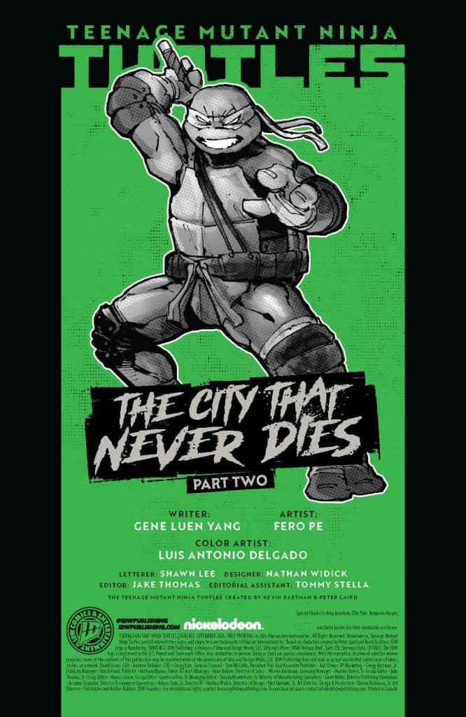 Comic book cover featuring Teenage Mutant Ninja Turtles with a green background, titled 'The City That Never Dies, Part Two'.