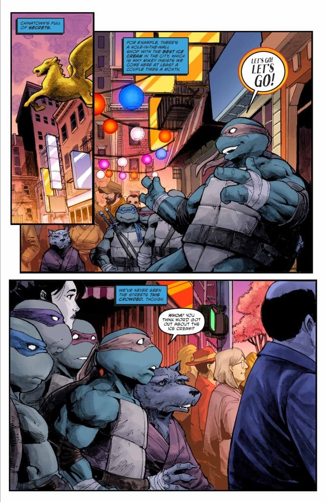 A scene in Chinatown featuring anthropomorphic turtle characters walking in a crowded street filled with colorful lanterns and shops. One character is talking excitedly about ice cream, while others express surprise at the crowd.