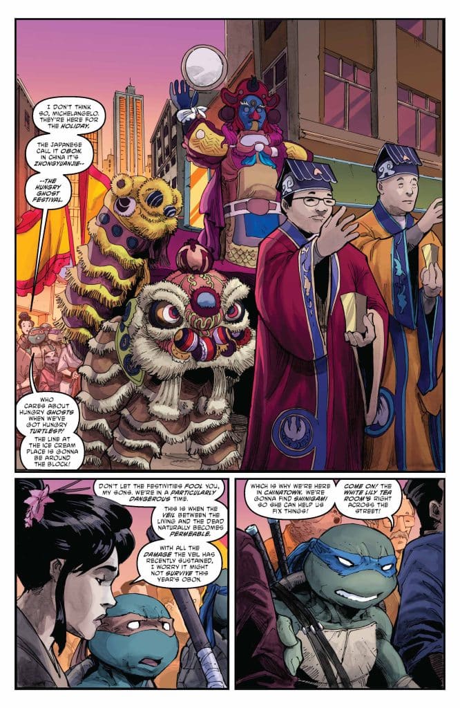 A colorful street scene featuring characters in traditional attire, including dragon and lion dance costumes, during a festive celebration. In the foreground, a group of characters, including anthropomorphic turtles, discuss the significance of the event. The backdrop includes tall buildings and vibrant decorations for the festival.