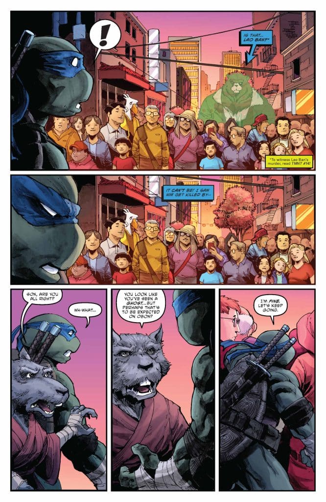 Comic panel featuring a blue-masked turtle character surrounded by a crowd, looking surprised at a large, green figure in the background. The crowd includes various people of different ages, some appearing shocked or curious. Dialogue exchange between the turtle and a humanoid character with a distinct animal-like appearance.