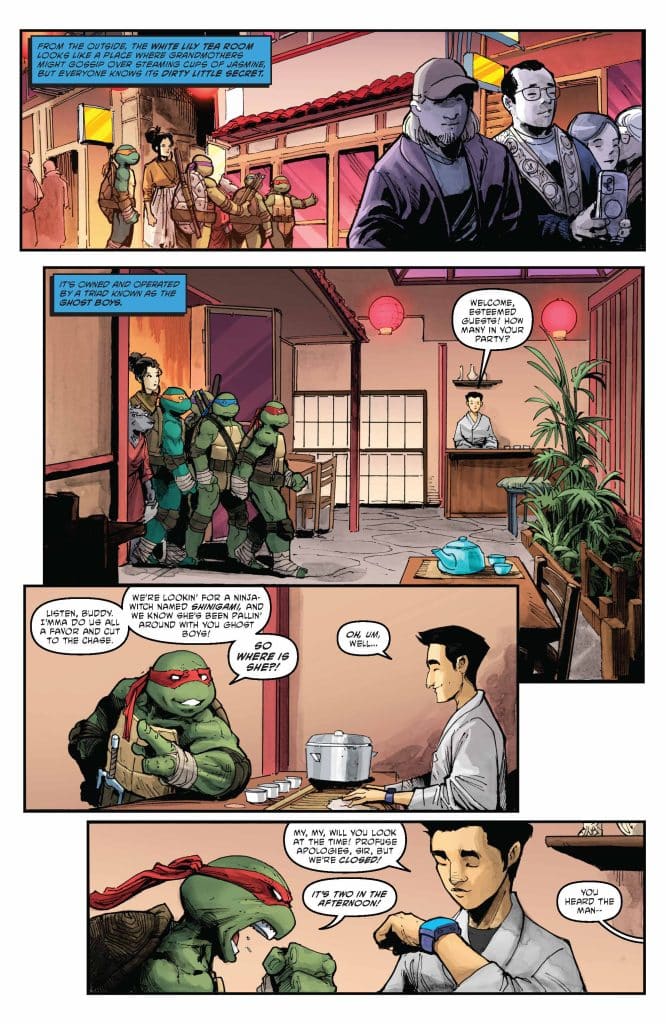 A comic scene depicting anthropomorphic turtles in ninja attire entering a tea room, interacting with a restaurant staff member. The characters engage in dialogue while the setting features traditional Asian decor.