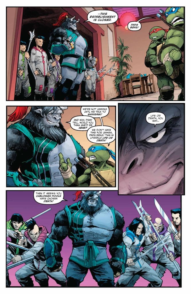 A scene from a comic featuring anthropomorphic characters. A large, muscular character with a beastly appearance confronts a group of fighters, while two turtles observe. Tension is evident as characters discuss danger and choices of life or death.