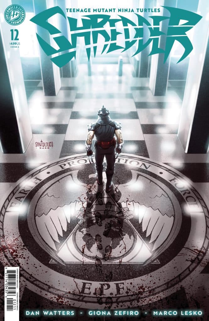 Cover of 'Shredder' comic from Teenage Mutant Ninja Turtles, featuring a character in a dark outfit standing on a patterned floor with a symbol, blood stains, and dramatic lighting.