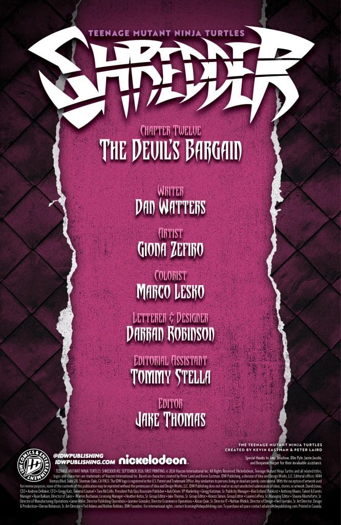 Cover page of 'Teenage Mutant Ninja Turtles: Shredder Chapter Twelve - The Devil's Bargain,' featuring credit details including writer, artist, colorist, letterer, editorial assistant, and editor.
