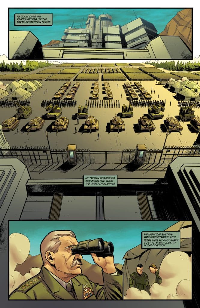 A military base with tanks and soldiers arranged in formation, set against a large, imposing headquarters building in the background.