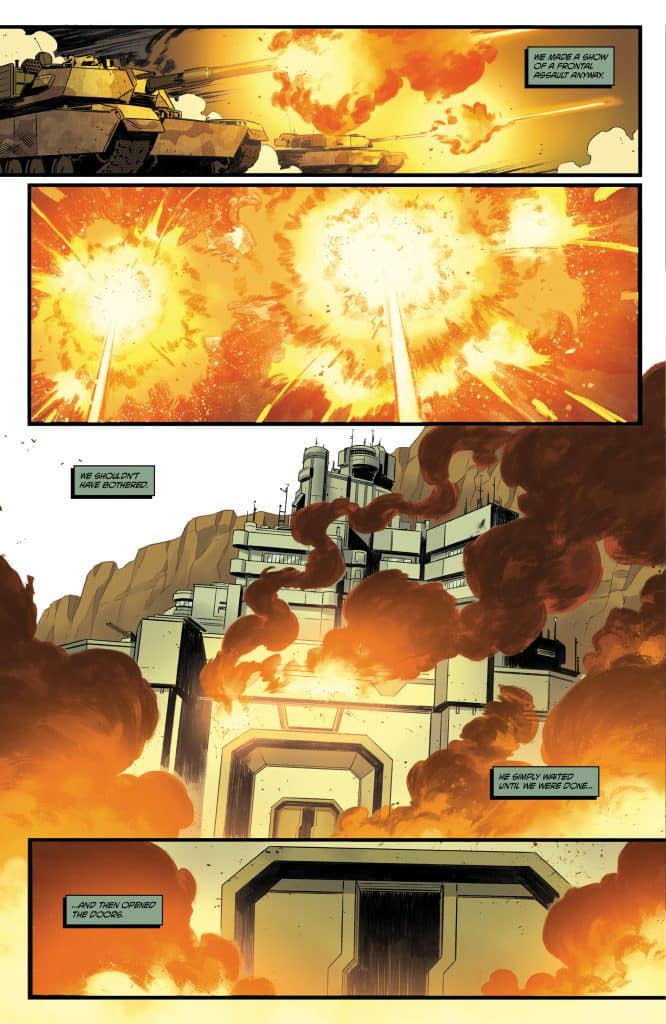 A scene depicting military tanks firing towards a distant explosive impact with vibrant flames and smoke, suggesting an intense battlefield setting. The lower section shows an explosion near a large building, emphasizing destruction and tension.