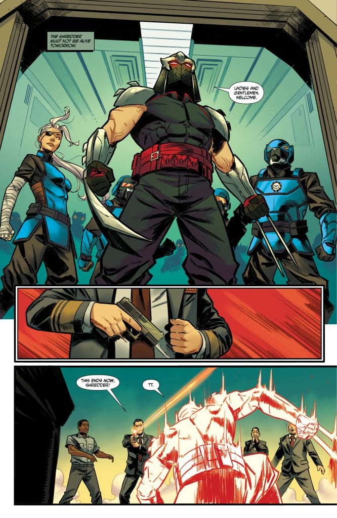 A group of characters in a comic panel, featuring a muscular figure in armor with a weapon, flanked by others in tactical outfits. The scene conveys a tense moment with a character holding a gun, ready to confront the armored figure.