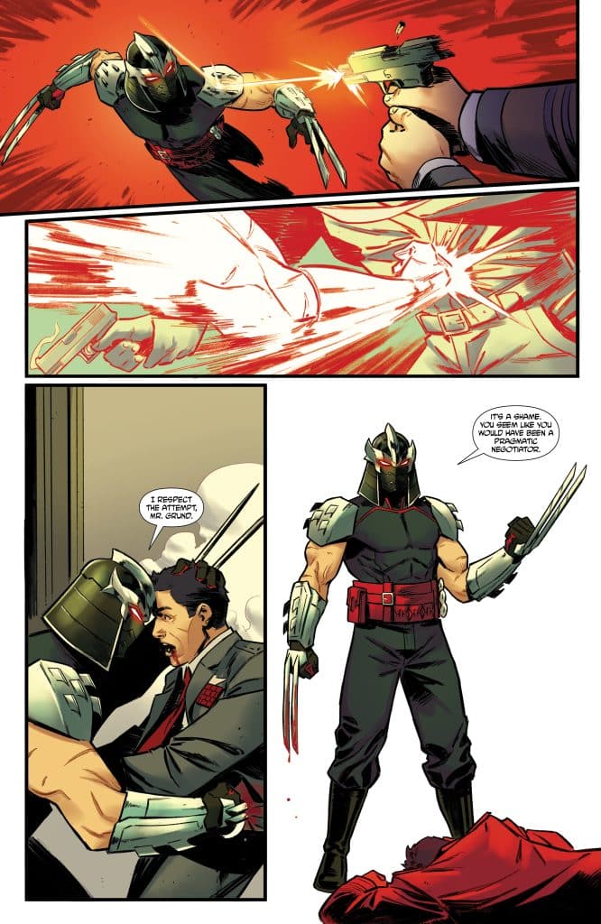 A comic book scene featuring a masked character with claws confronting a man while a gun is being fired. The masked character demonstrates aggressive body language, while the other man appears distressed. The background conveys action with splashes of red and motion lines, indicating tension in the scene.