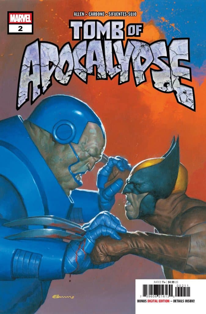 Cover of Marvel's 'Tomb of Apocalypse' Issue #2 featuring a confrontation between two characters, one blue and armored, the other in a yellow and brown costume with claws.