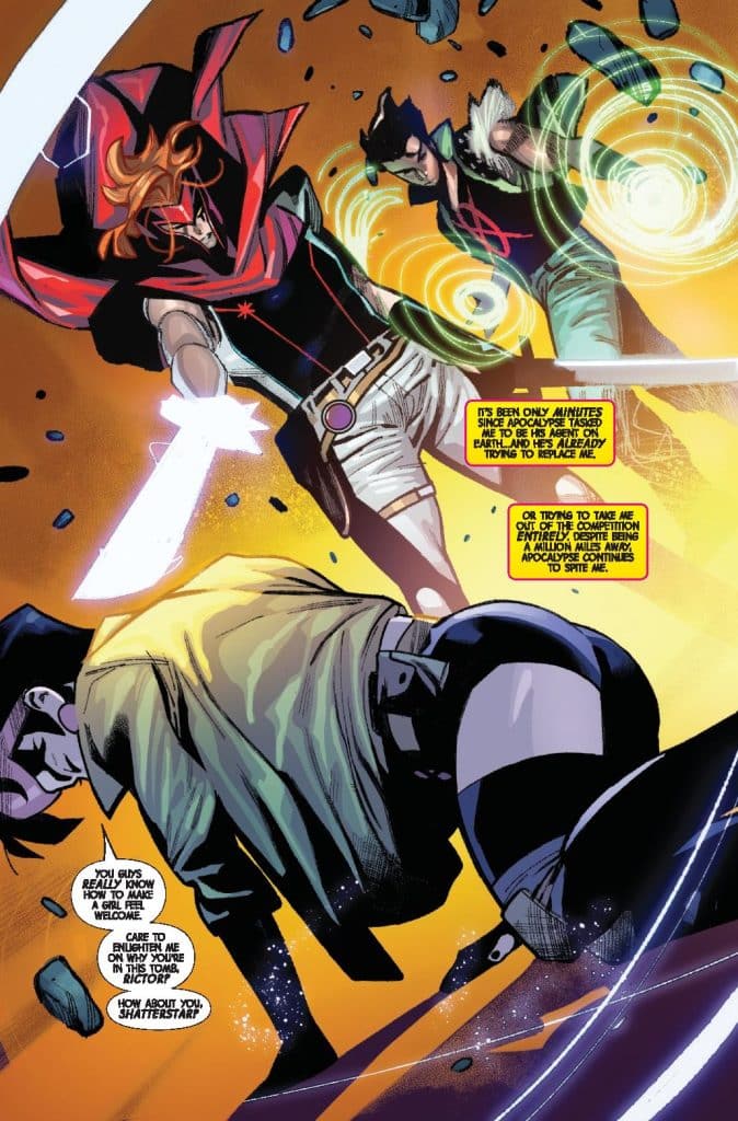 A dynamic comic book scene featuring three characters in a fight. One character with red hair and a hood is wielding a sword, while two others, one in black and the other in green, appear to be using their powers. The background has fragments and energy swirls, adding to the intensity of the confrontation.